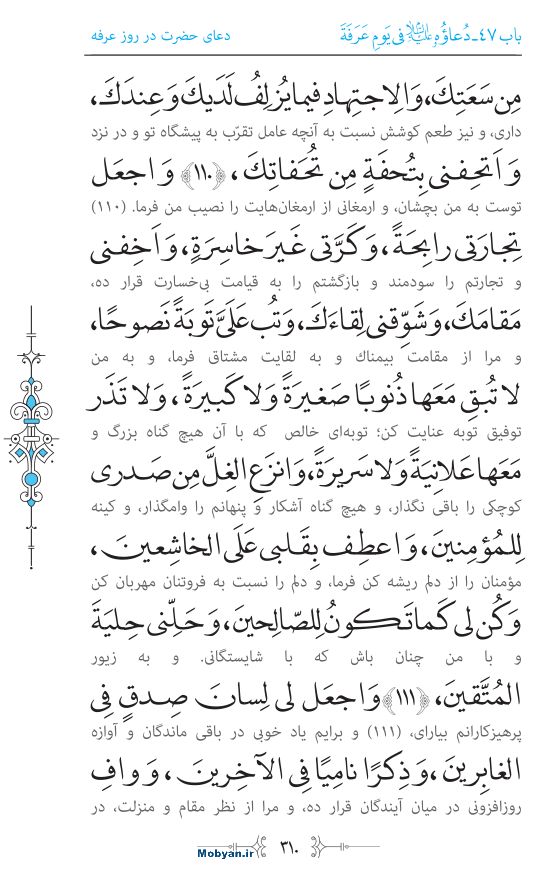 صحیفه سجادیه مرکز طبع و نشر قرآن کریم صفحه 310