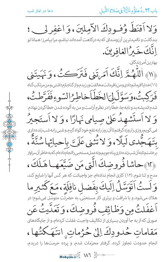 صحیفه سجادیه مرکز طبع و نشر قرآن کریم صفحه 186